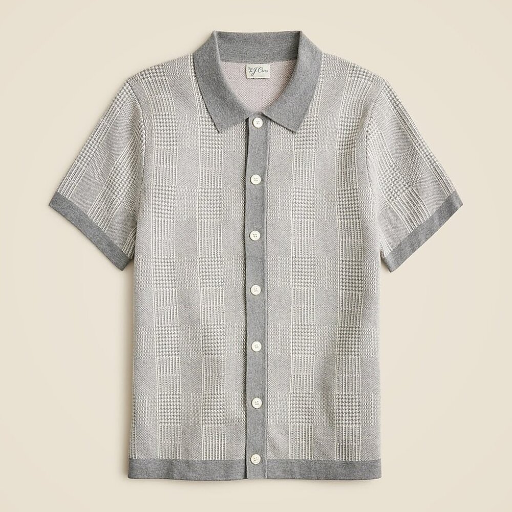 J. Crew Short-sleeve cotton sweater-polo in windowpane jacquard, grey, Men's L
